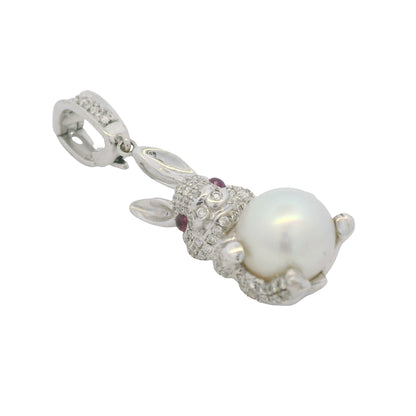 14k White Gold Natural Diamond Pave, Pearl &amp; Ruby Eye Rabbit Pendant