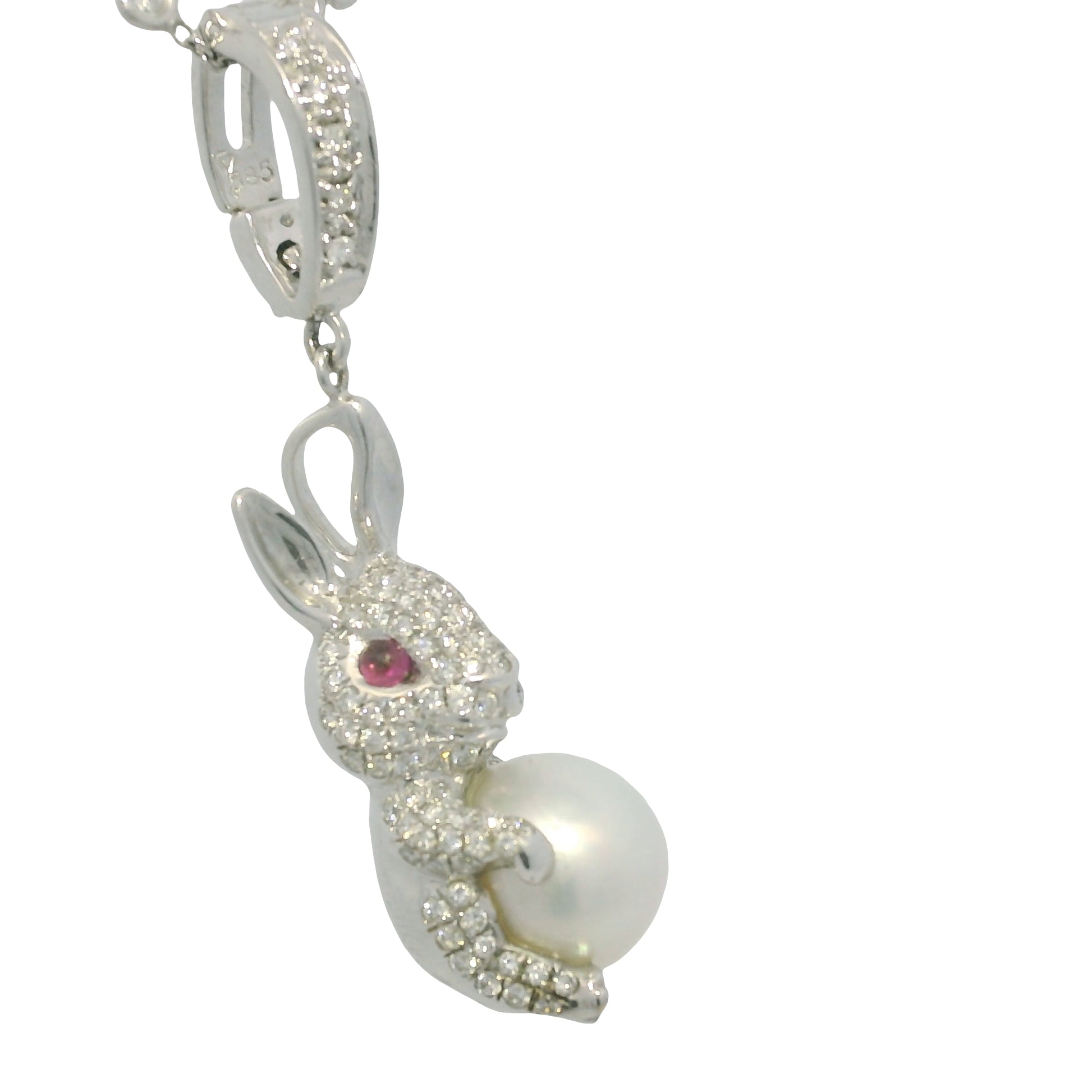 14k White Gold Natural Diamond Pave, Pearl & Ruby Eye Rabbit Pendant