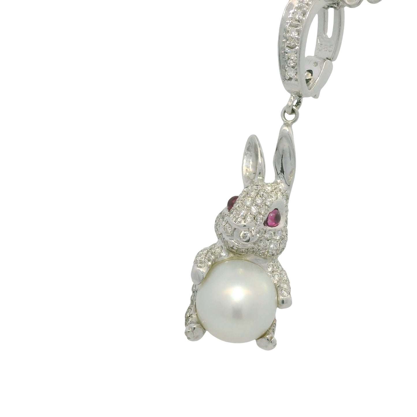 14k White Gold Natural Diamond Pave, Pearl & Ruby Eye Rabbit Pendant