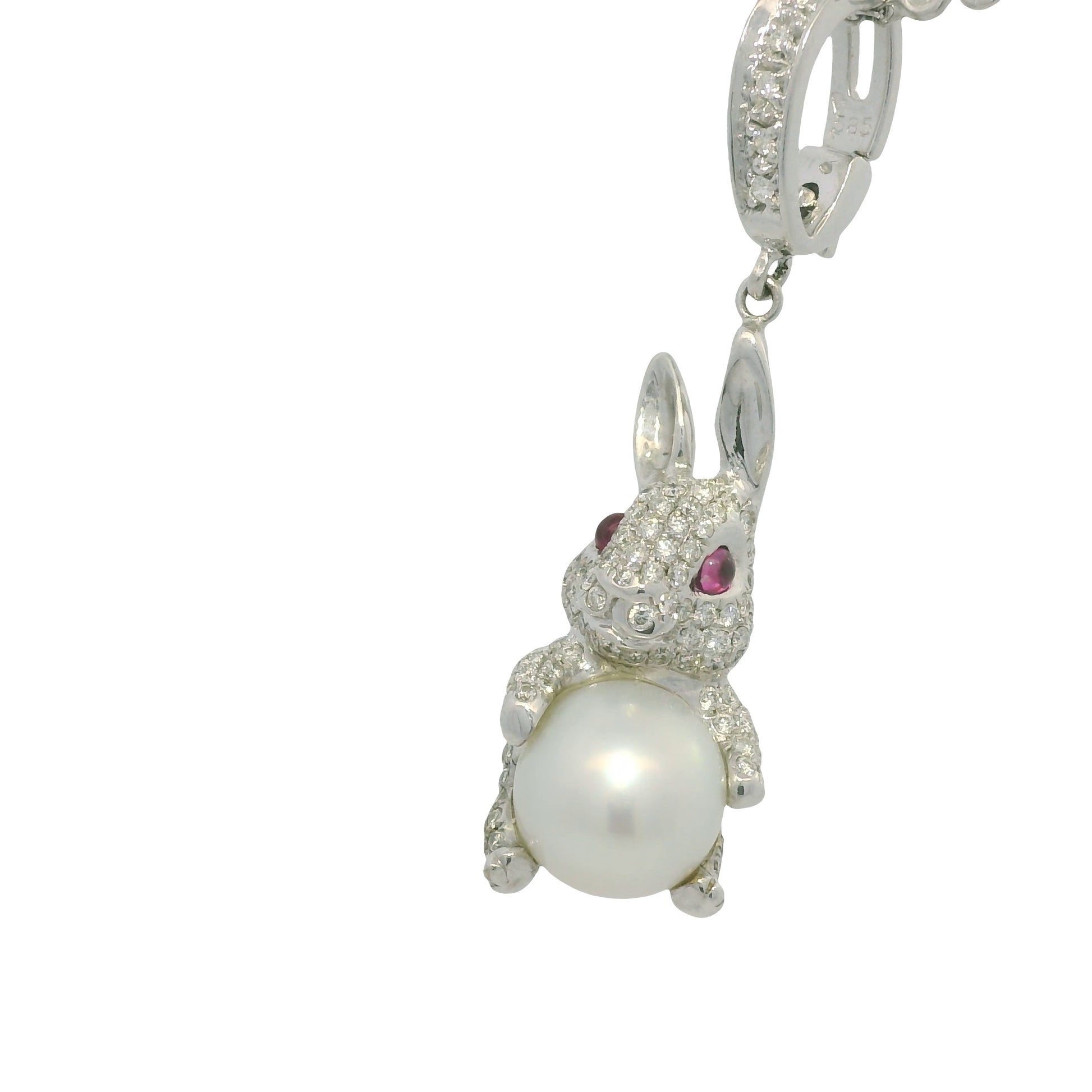 14k White Gold Natural Diamond Pave, Pearl & Ruby Eye Rabbit Pendant