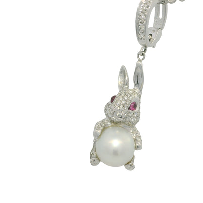 14k White Gold Natural Diamond Pave, Pearl & Ruby Eye Rabbit Pendant
