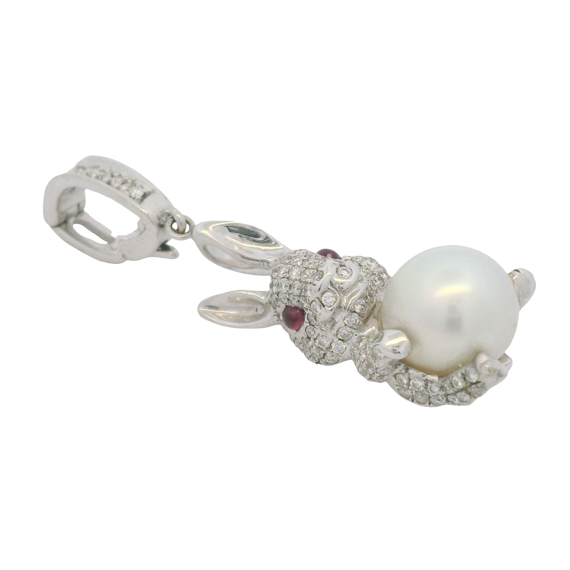 14k White Gold Natural Diamond Pave, Pearl & Ruby Eye Rabbit Pendant
