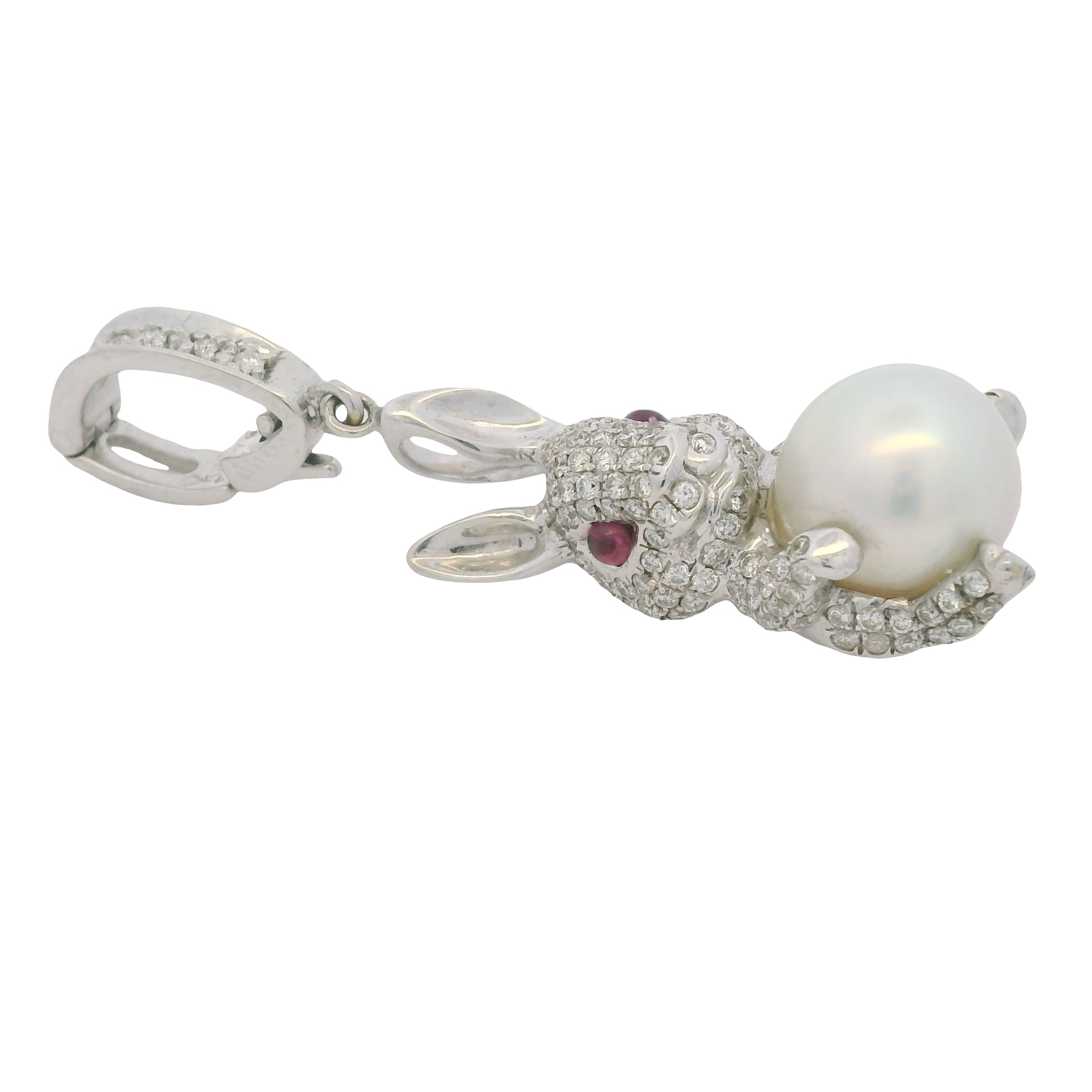 14k White Gold Natural Diamond Pave, Pearl & Ruby Eye Rabbit Pendant