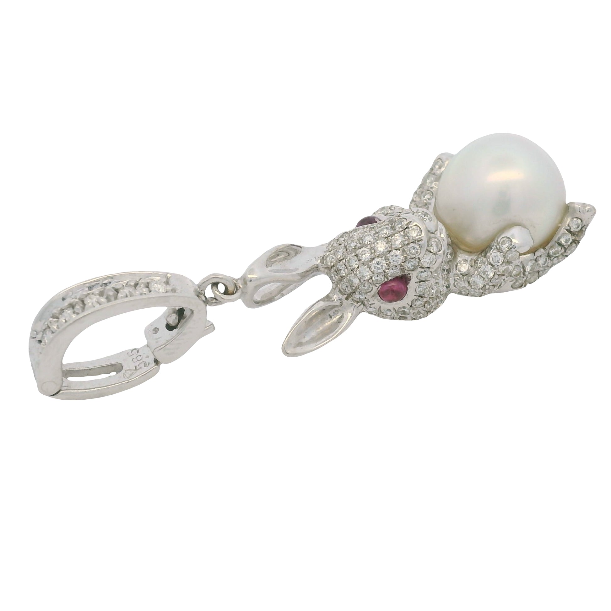 14k White Gold Natural Diamond Pave, Pearl & Ruby Eye Rabbit Pendant