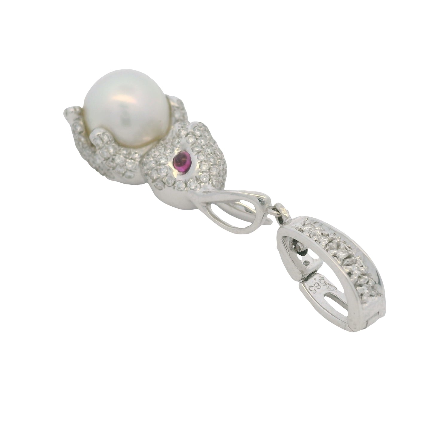 14k White Gold Natural Diamond Pave, Pearl & Ruby Eye Rabbit Pendant