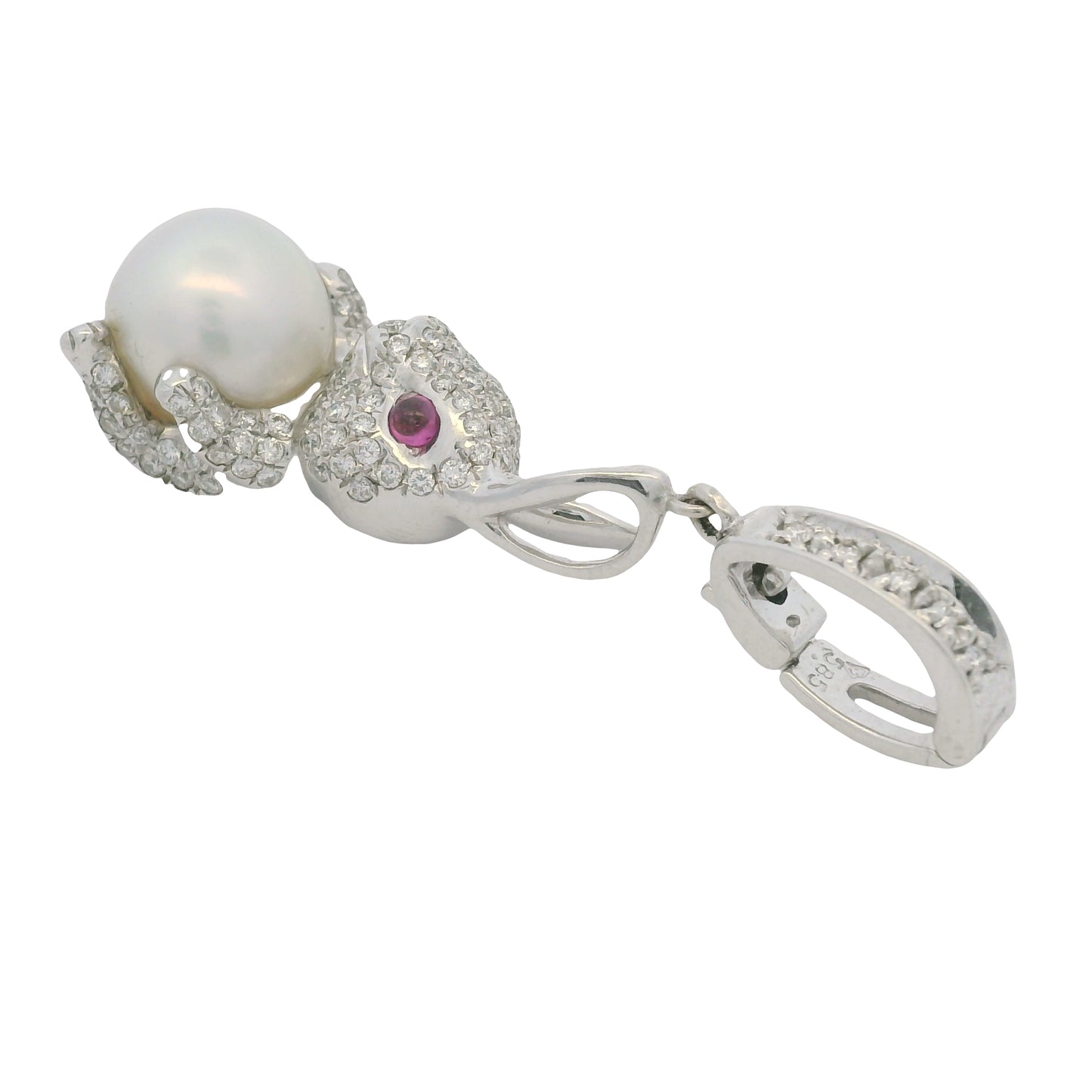 14k White Gold Natural Diamond Pave, Pearl & Ruby Eye Rabbit Pendant