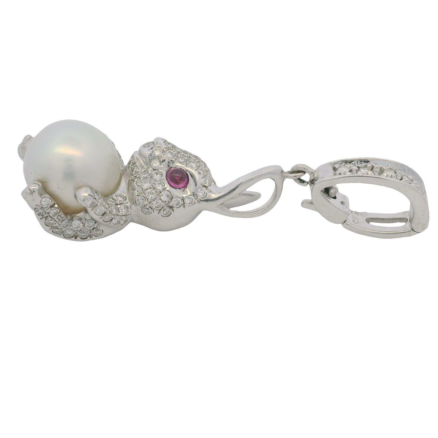 14k White Gold Natural Diamond Pave, Pearl & Ruby Eye Rabbit Pendant