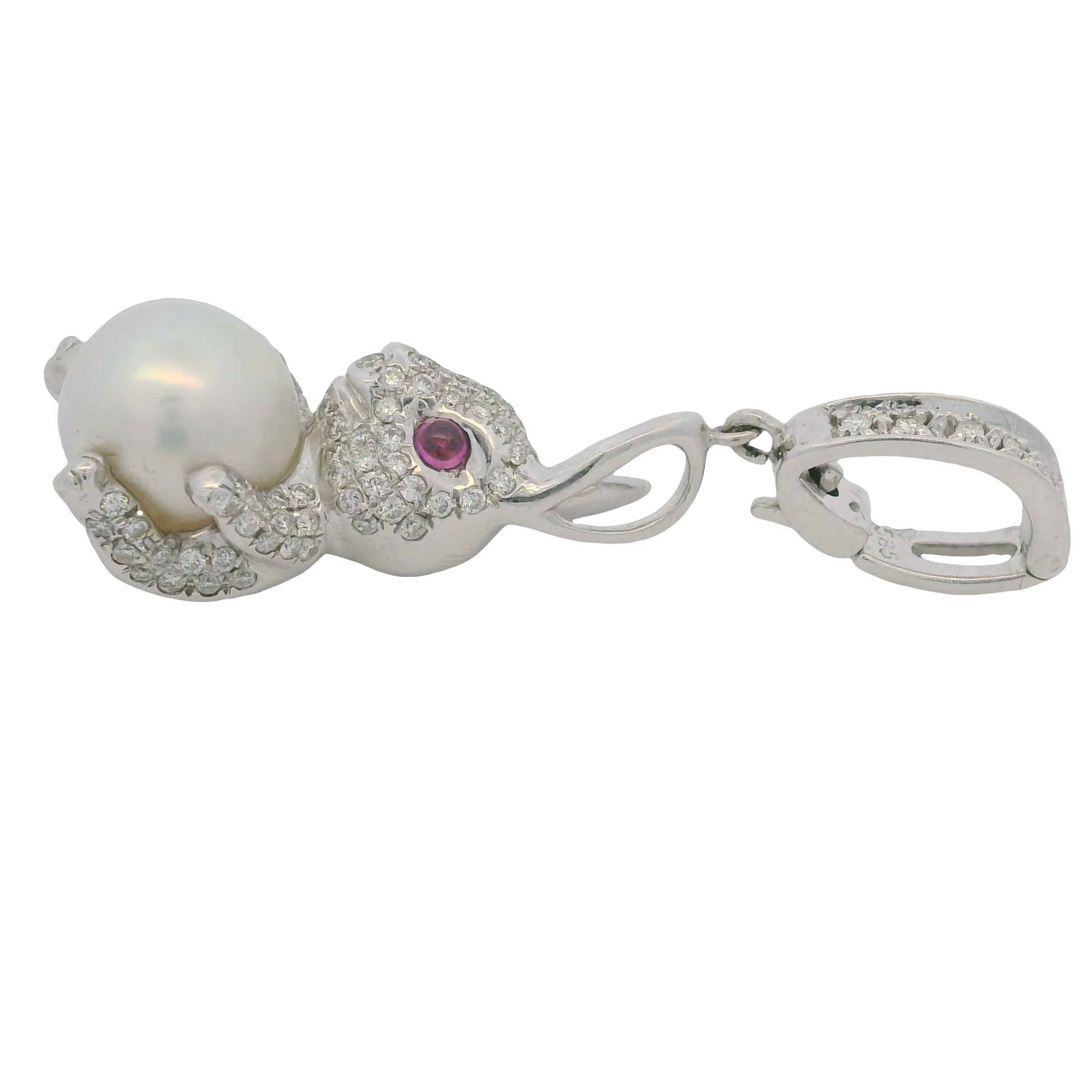14k White Gold Natural Diamond Pave, Pearl & Ruby Eye Rabbit Pendant