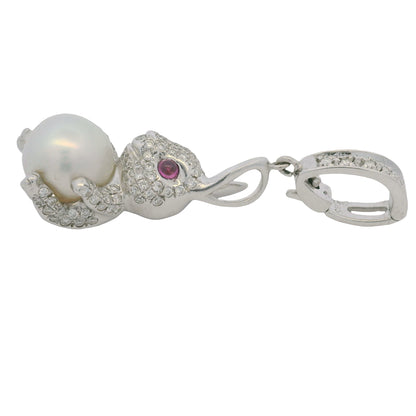 14k White Gold Natural Diamond Pave, Pearl & Ruby Eye Rabbit Pendant