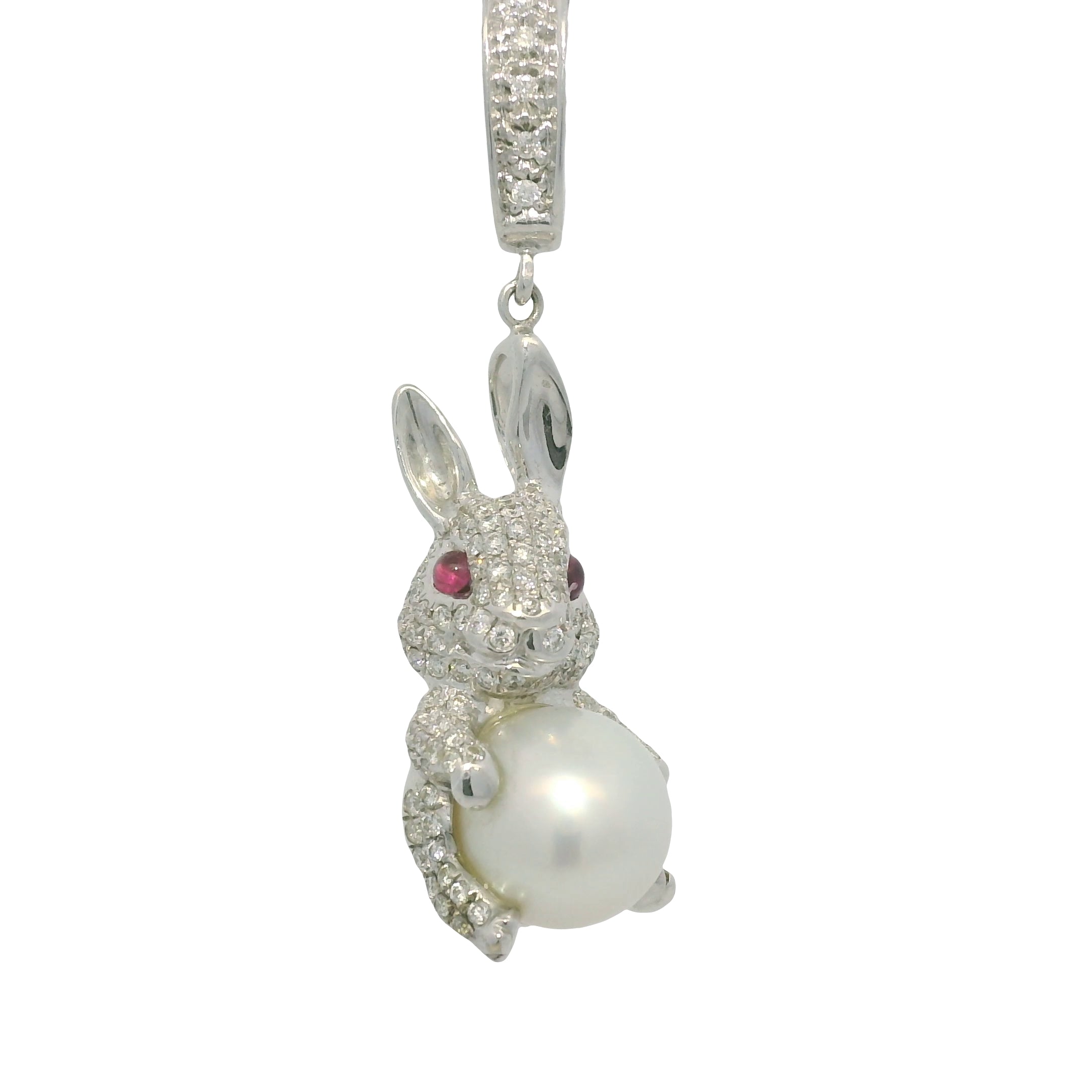 14k White Gold Natural Diamond Pave, Pearl & Ruby Eye Rabbit Pendant