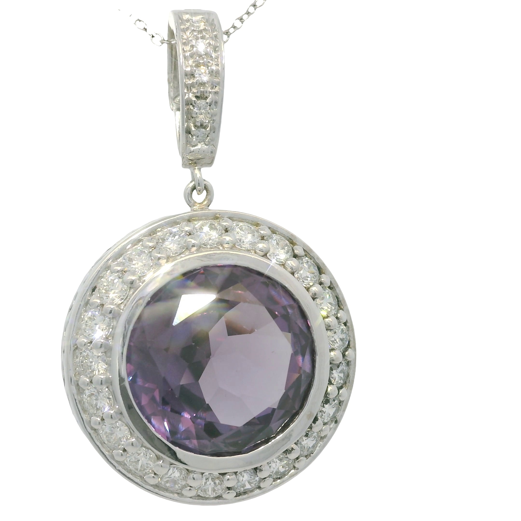 14k White Gold Natural Round Amethyst & Diamond Halo Pendant