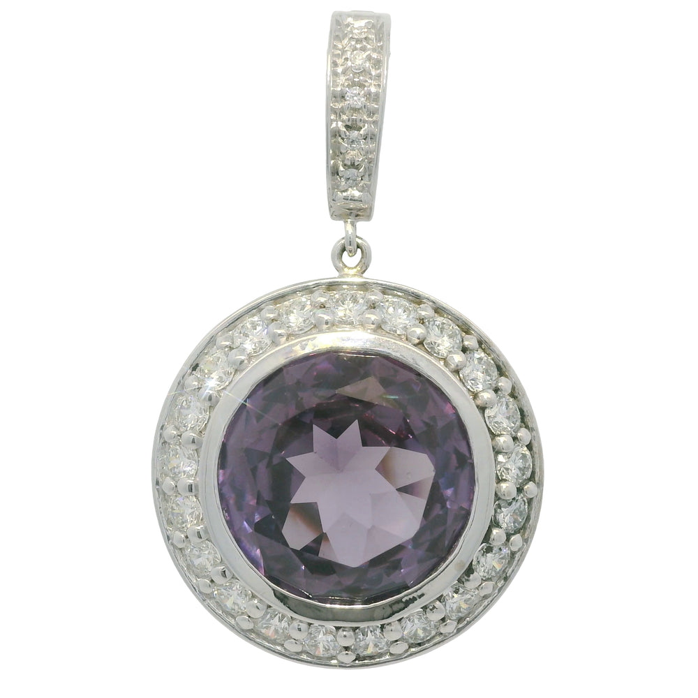 14k White Gold Natural Round Amethyst & Diamond Halo Pendant — product photo 1