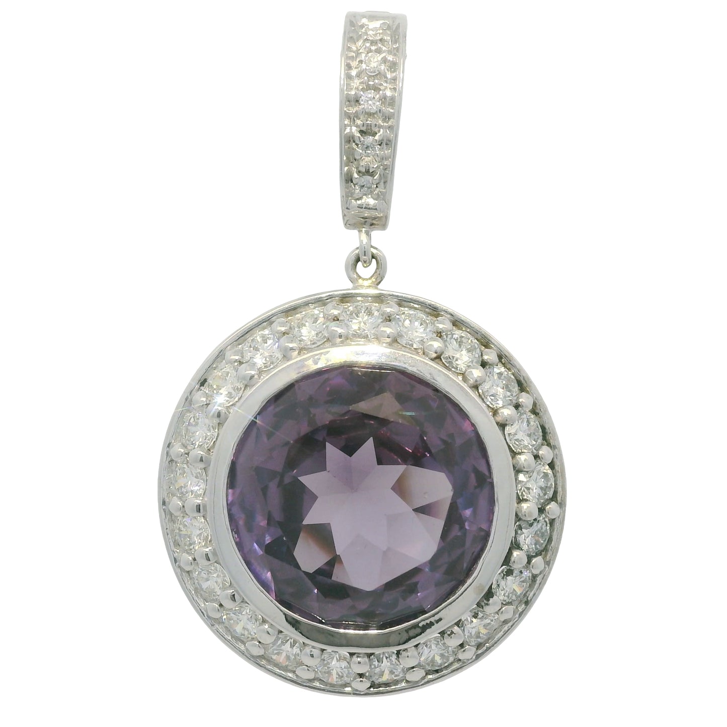 14k White Gold Natural Round Amethyst & Diamond Halo Pendant