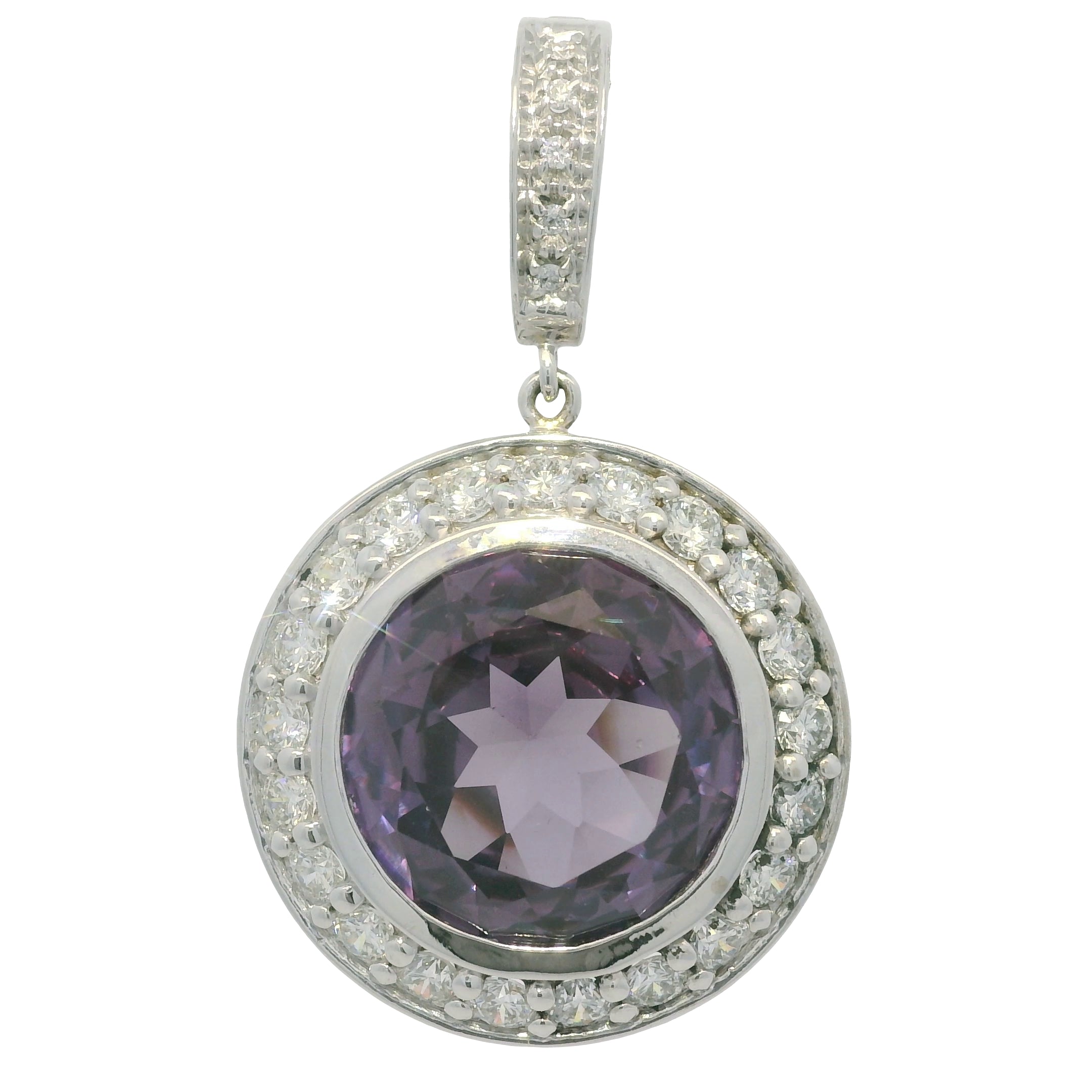 14k White Gold Natural Round Amethyst & Diamond Halo Pendant