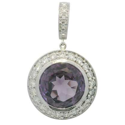14k White Gold Natural Round Amethyst & Diamond Halo Pendant