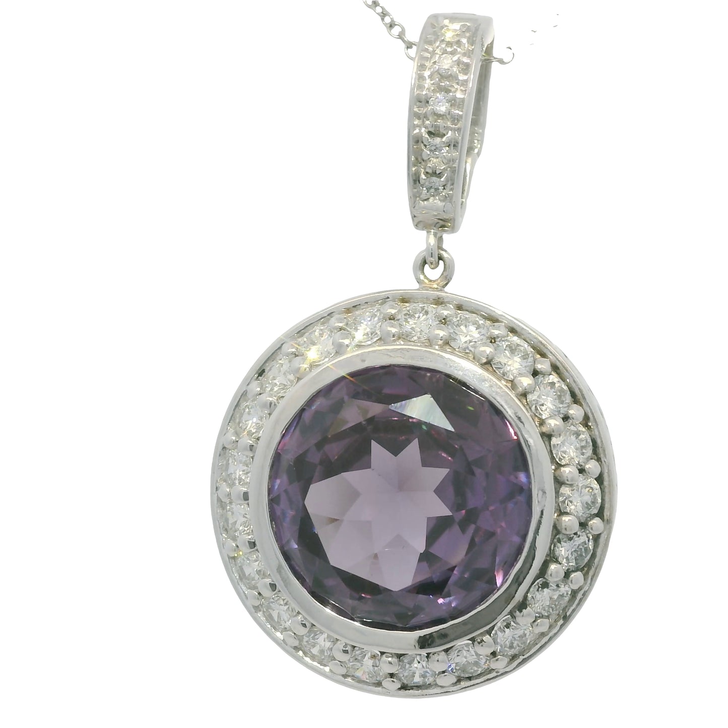 14k White Gold Natural Round Amethyst & Diamond Halo Pendant