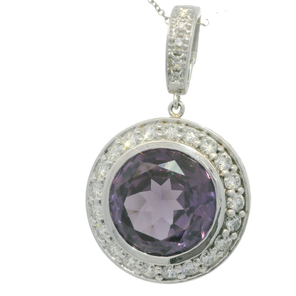 14k White Gold Natural Round Amethyst & Diamond Halo Pendant