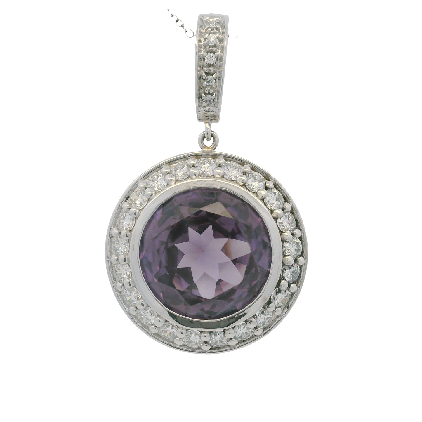 14k White Gold Natural Round Amethyst & Diamond Halo Pendant