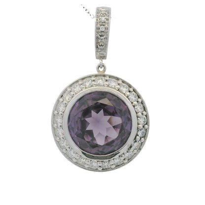 14k White Gold Natural Round Amethyst & Diamond Halo Pendant