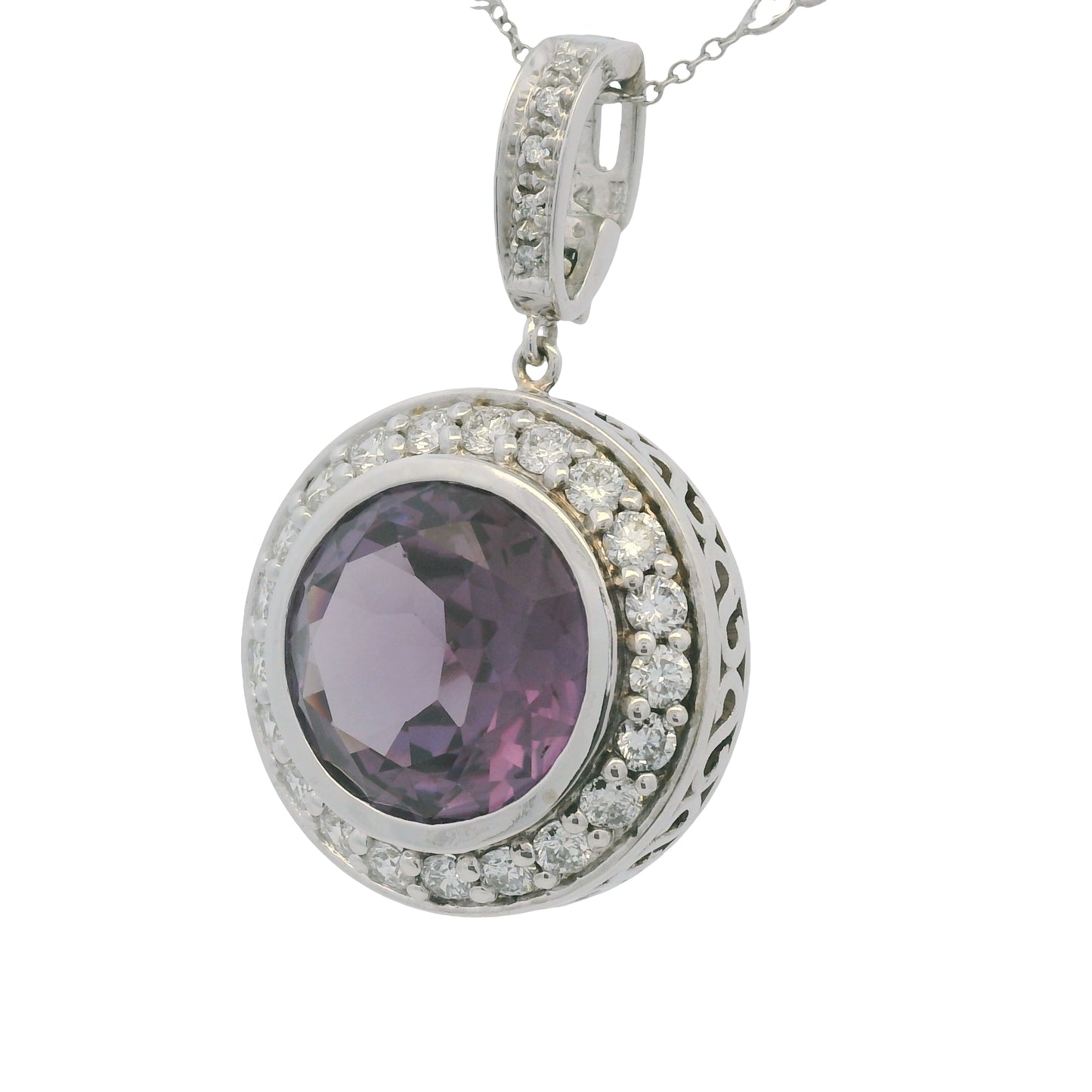 14k White Gold Natural Round Amethyst & Diamond Halo Pendant