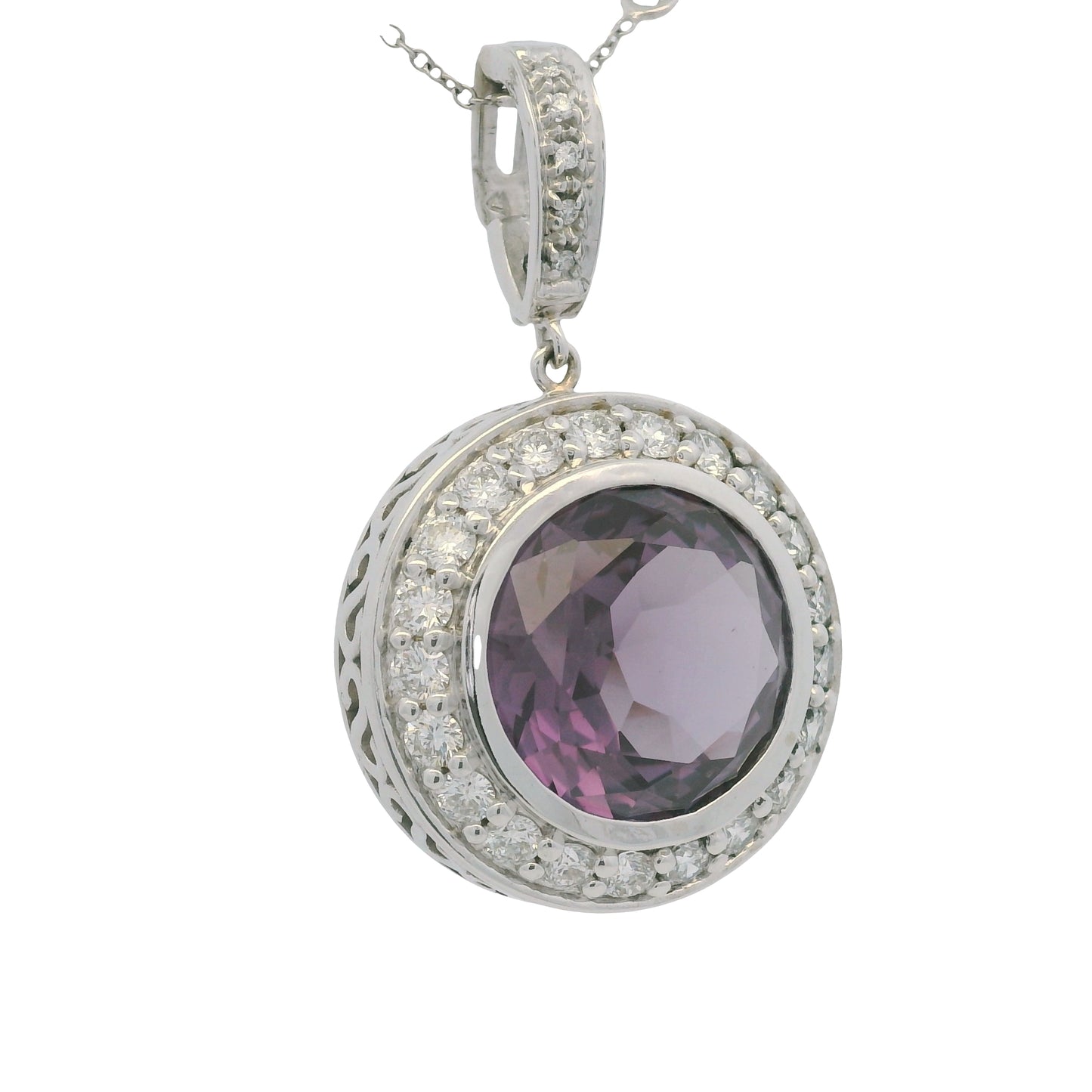 14k White Gold Natural Round Amethyst & Diamond Halo Pendant