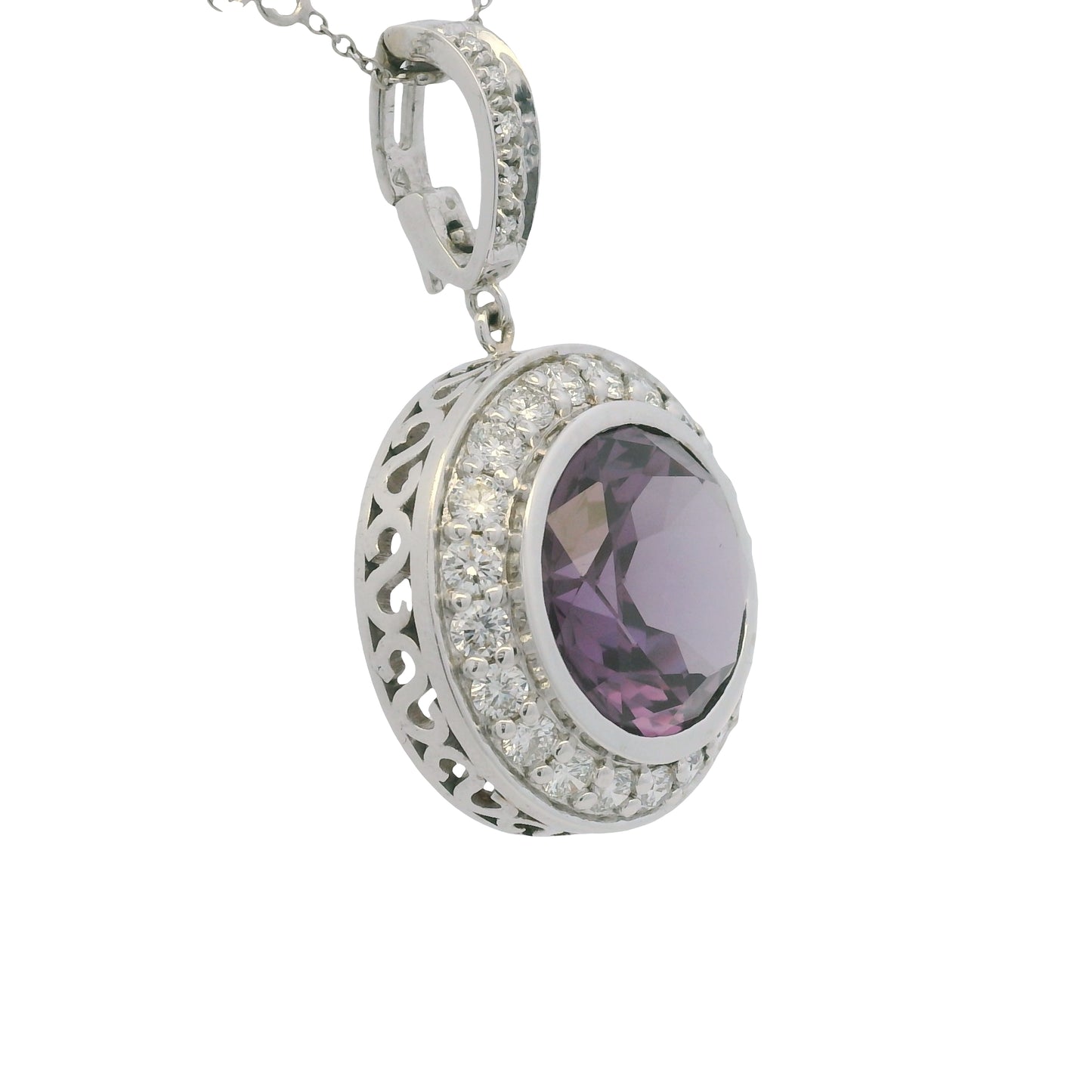 14k White Gold Natural Round Amethyst & Diamond Halo Pendant