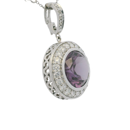 14k White Gold Natural Round Amethyst & Diamond Halo Pendant
