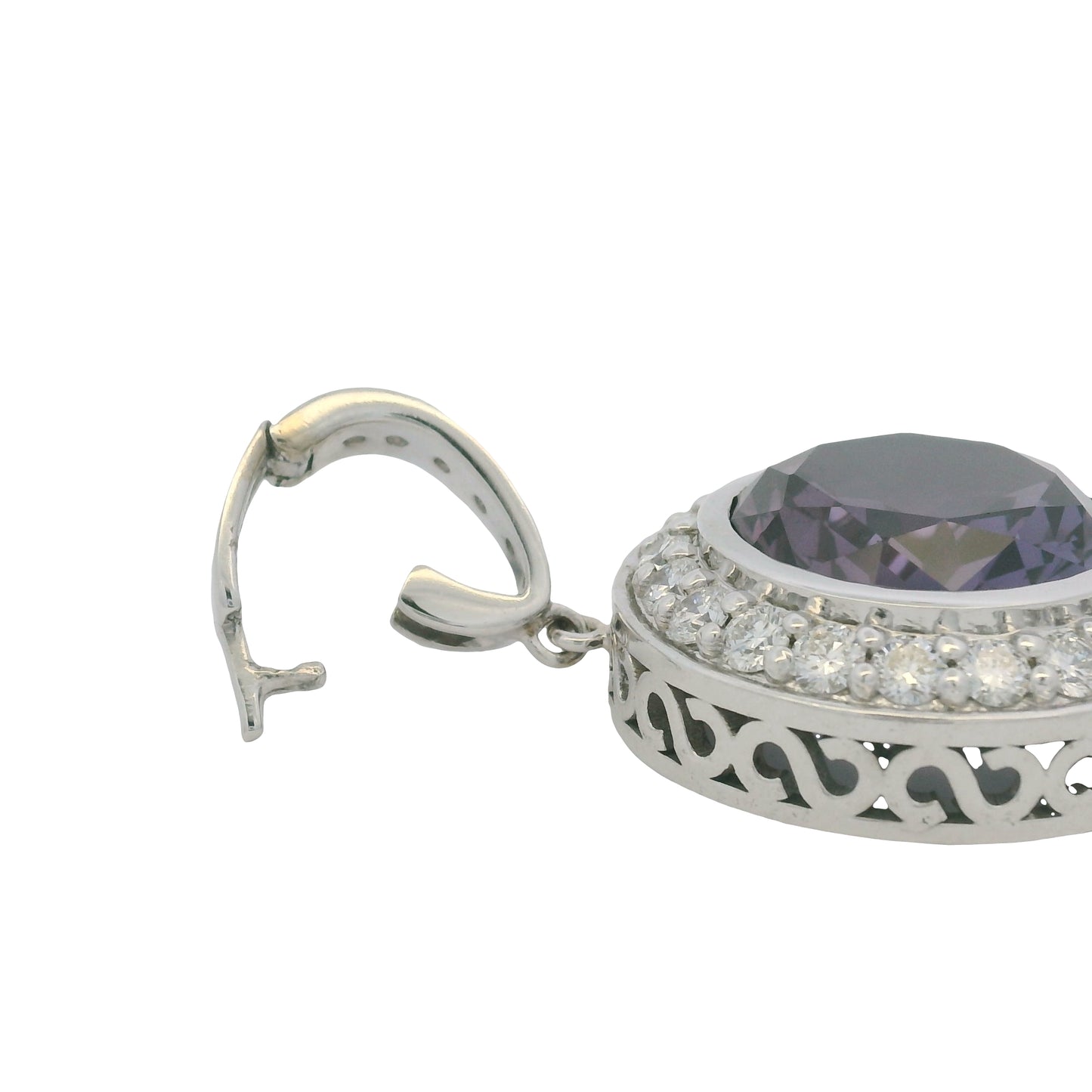 14k White Gold Natural Round Amethyst & Diamond Halo Pendant