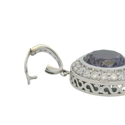 14k White Gold Natural Round Amethyst & Diamond Halo Pendant