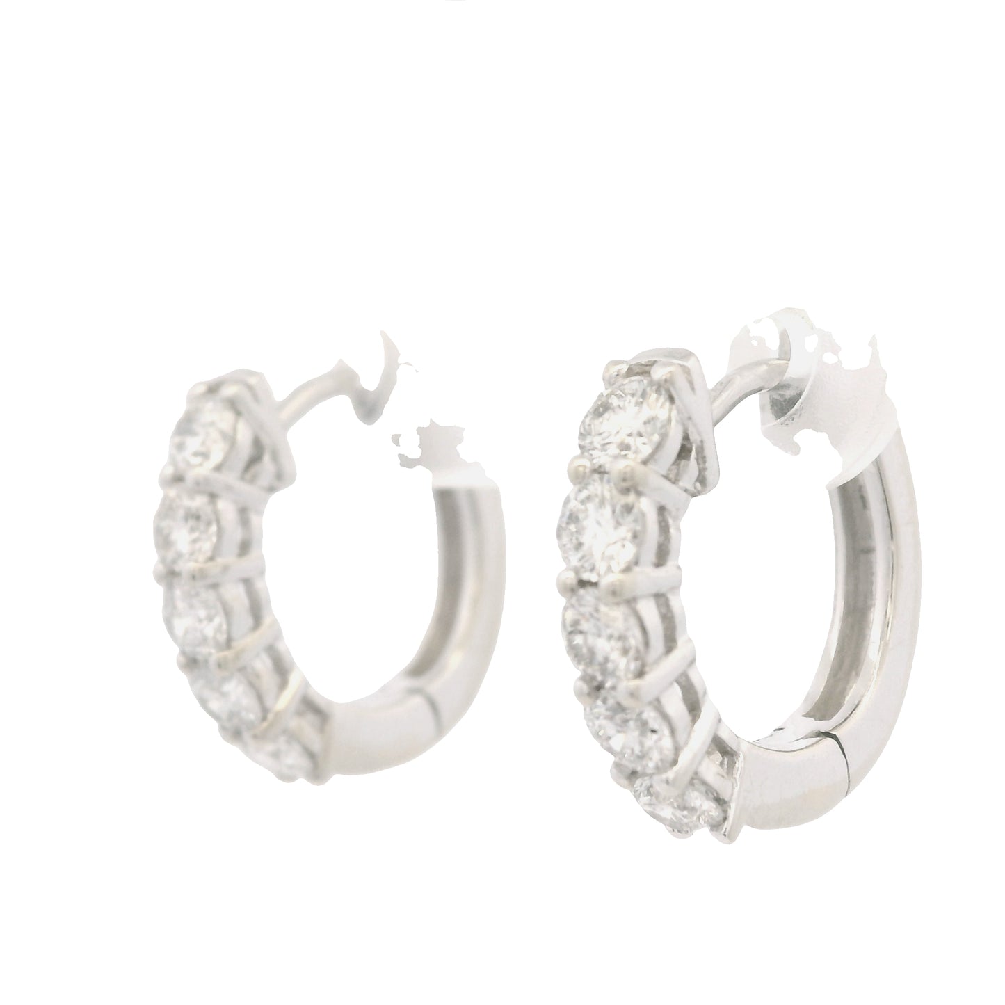 14K White Gold Natural Round Brilliant Cut Diamond 5-Prong Huggie Earrings