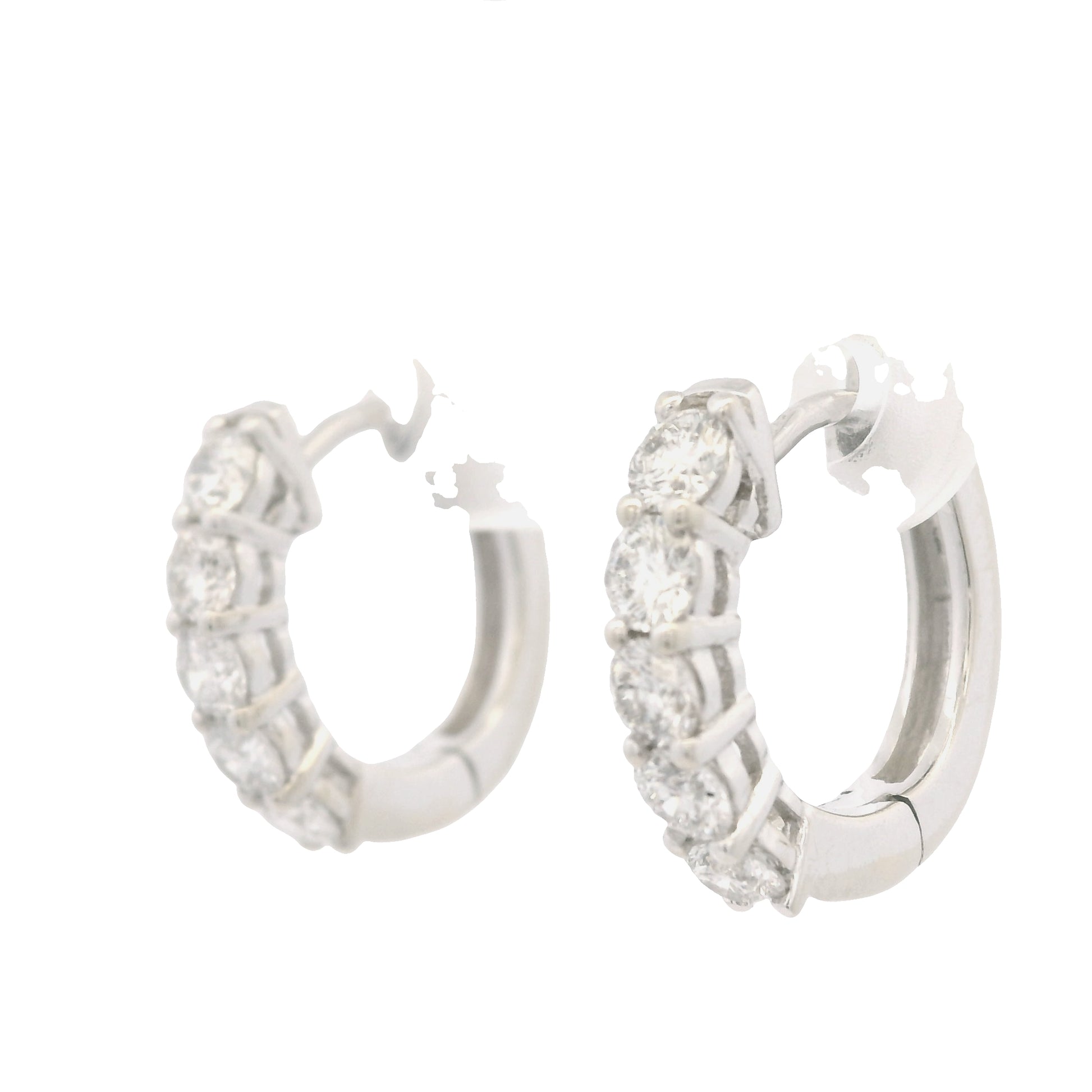 14K White Gold Natural Round Brilliant Cut Diamond 5-Prong Huggie Earrings