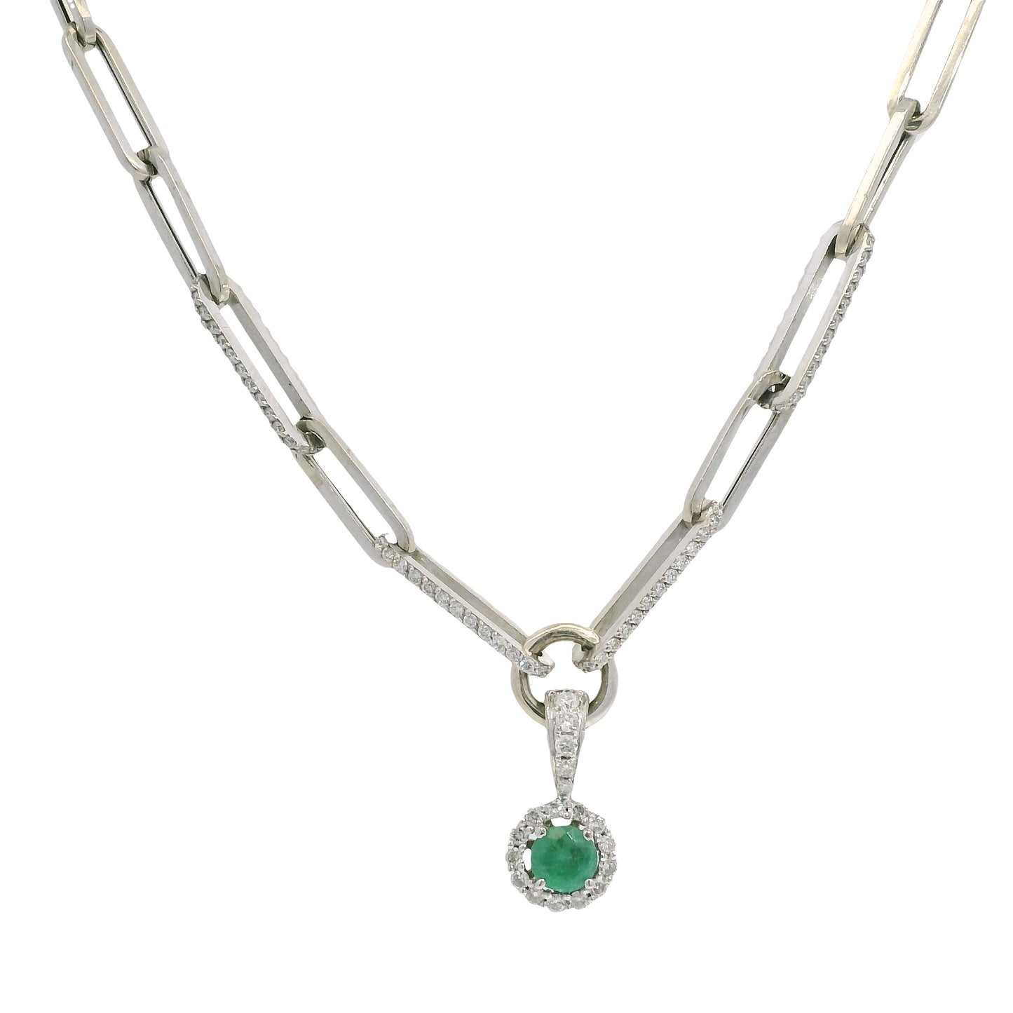 14k White Gold Natural Round Brilliant Cut Diamond & Emerald Center Halo Paperclip Pendant Necklace