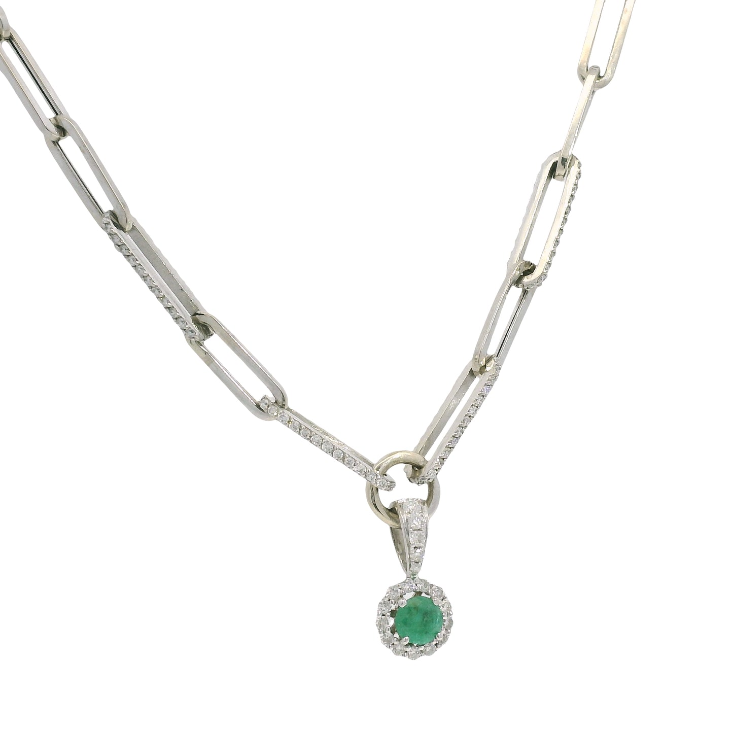 14k White Gold Natural Round Brilliant Cut Diamond & Emerald Center Halo Paperclip Pendant Necklace
