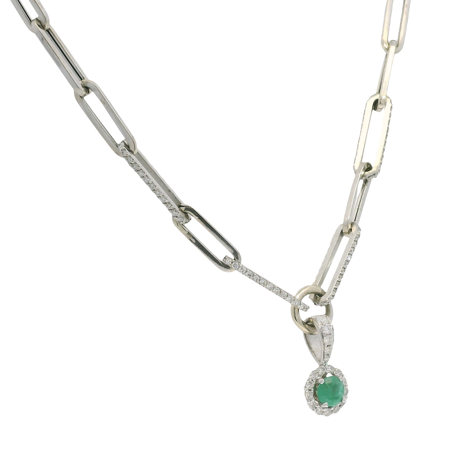 14k White Gold Natural Round Brilliant Cut Diamond & Emerald Center Halo Paperclip Pendant Necklace