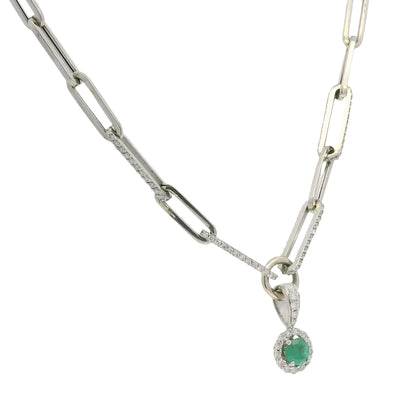 14k White Gold Natural Round Brilliant Cut Diamond & Emerald Center Halo Paperclip Pendant Necklace