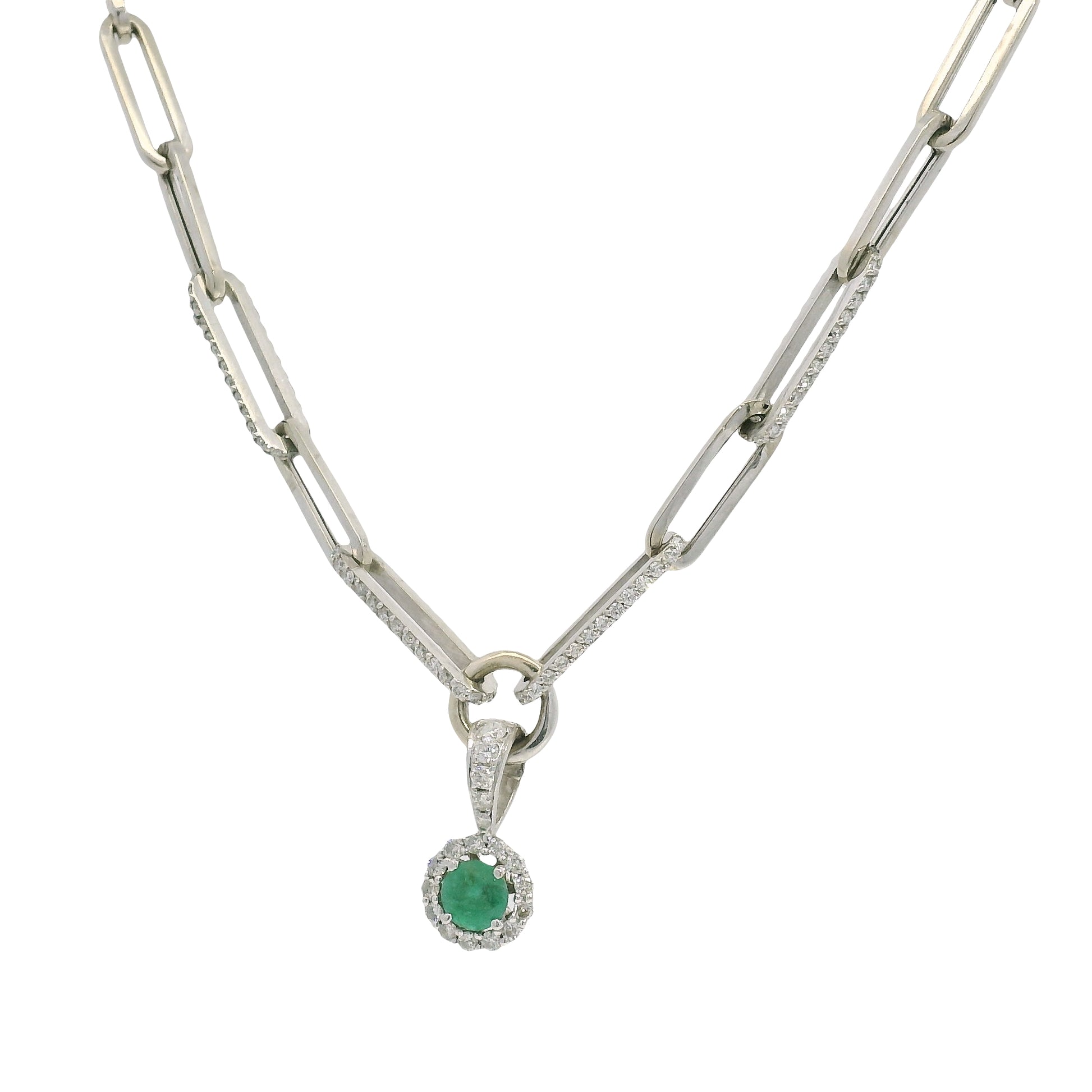 14k White Gold Natural Round Brilliant Cut Diamond & Emerald Center Halo Paperclip Pendant Necklace