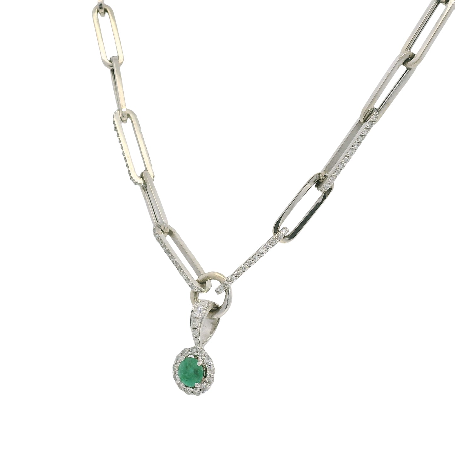 14k White Gold Natural Round Brilliant Cut Diamond & Emerald Center Halo Paperclip Pendant Necklace