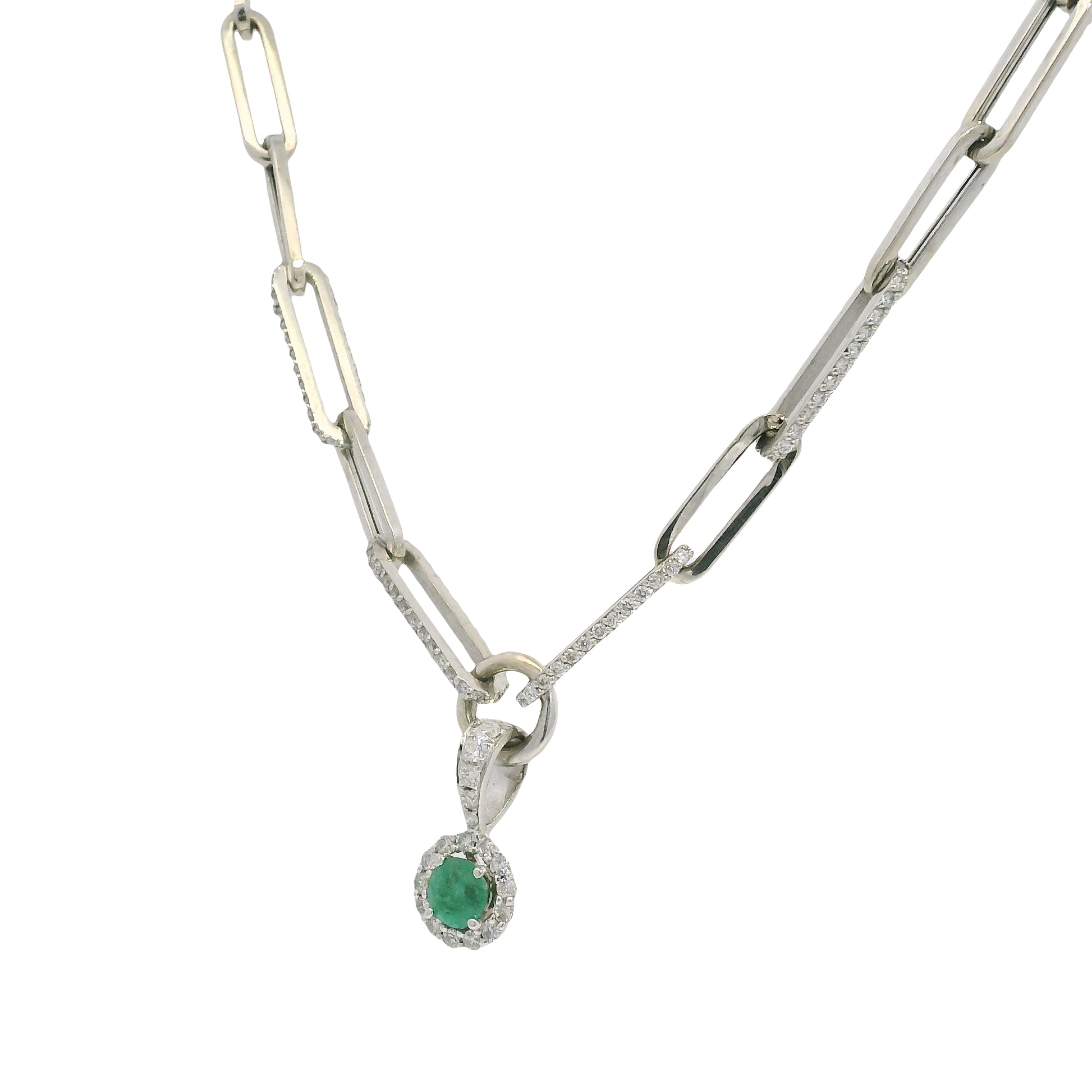 14k White Gold Natural Round Brilliant Cut Diamond & Emerald Center Halo Paperclip Pendant Necklace