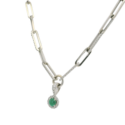 14k White Gold Natural Round Brilliant Cut Diamond & Emerald Center Halo Paperclip Pendant Necklace