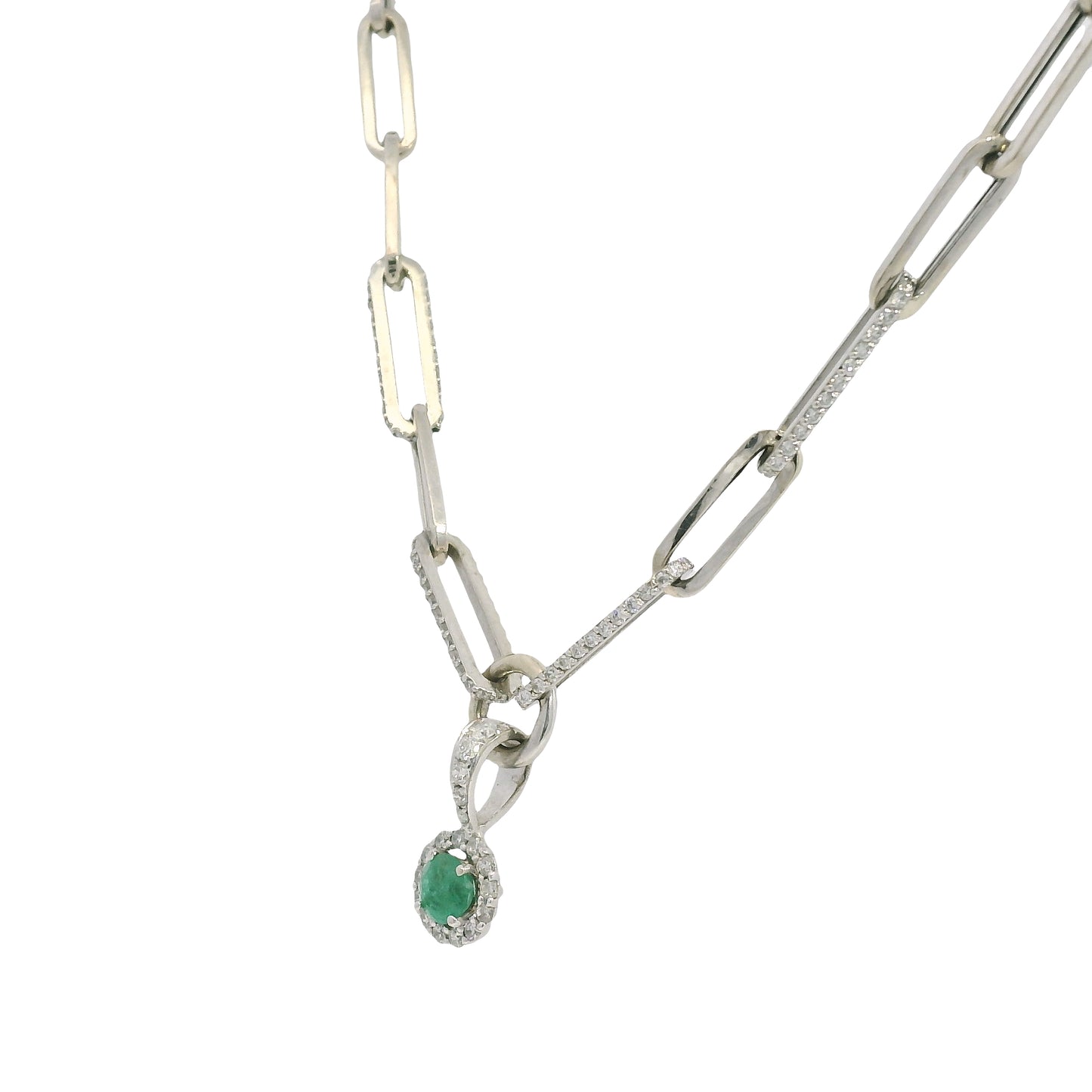 14k White Gold Natural Round Brilliant Cut Diamond & Emerald Center Halo Paperclip Pendant Necklace