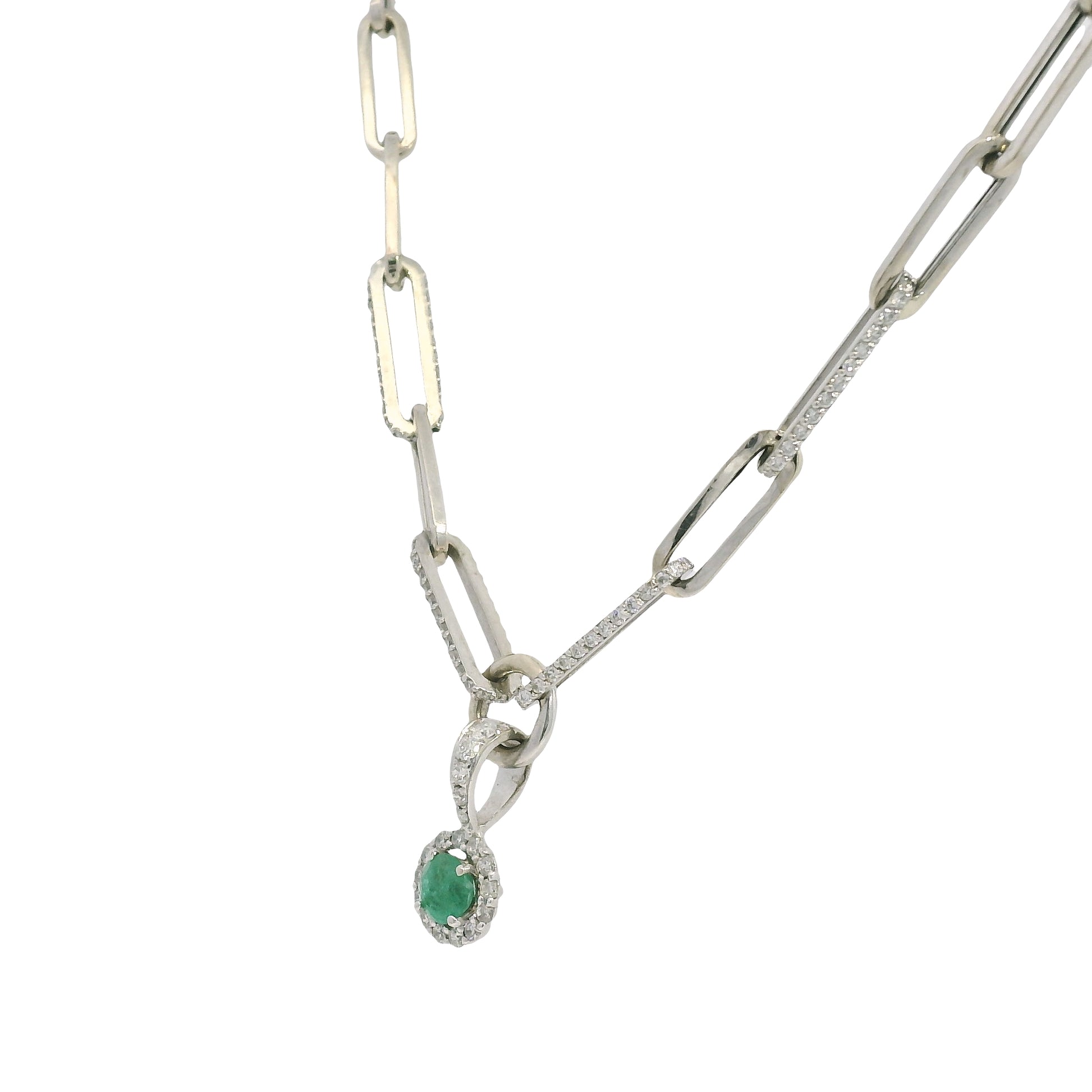 14k White Gold Natural Round Brilliant Cut Diamond & Emerald Center Halo Paperclip Pendant Necklace