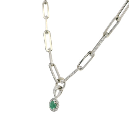 14k White Gold Natural Round Brilliant Cut Diamond & Emerald Center Halo Paperclip Pendant Necklace