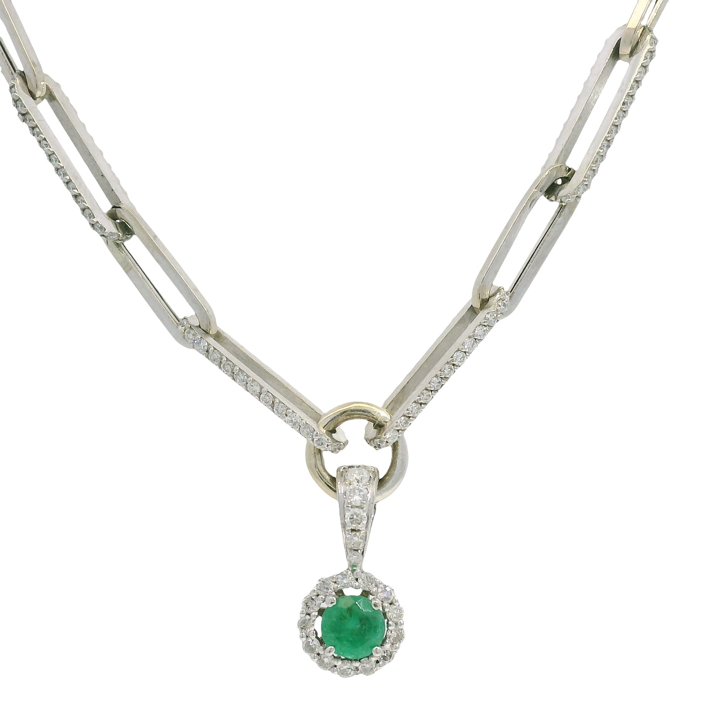 14k White Gold Natural Round Brilliant Cut Diamond & Emerald Center Halo Paperclip Pendant Necklace