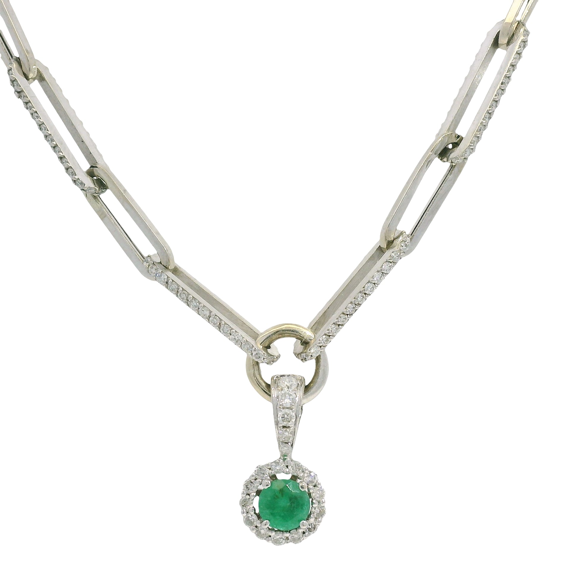 14k White Gold Natural Round Brilliant Cut Diamond & Emerald Center Halo Paperclip Pendant Necklace
