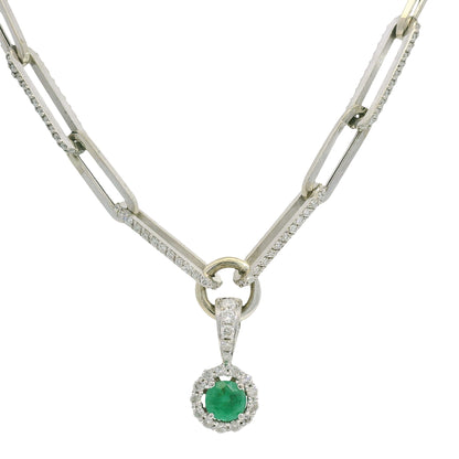 14k White Gold Natural Round Brilliant Cut Diamond & Emerald Center Halo Paperclip Pendant Necklace