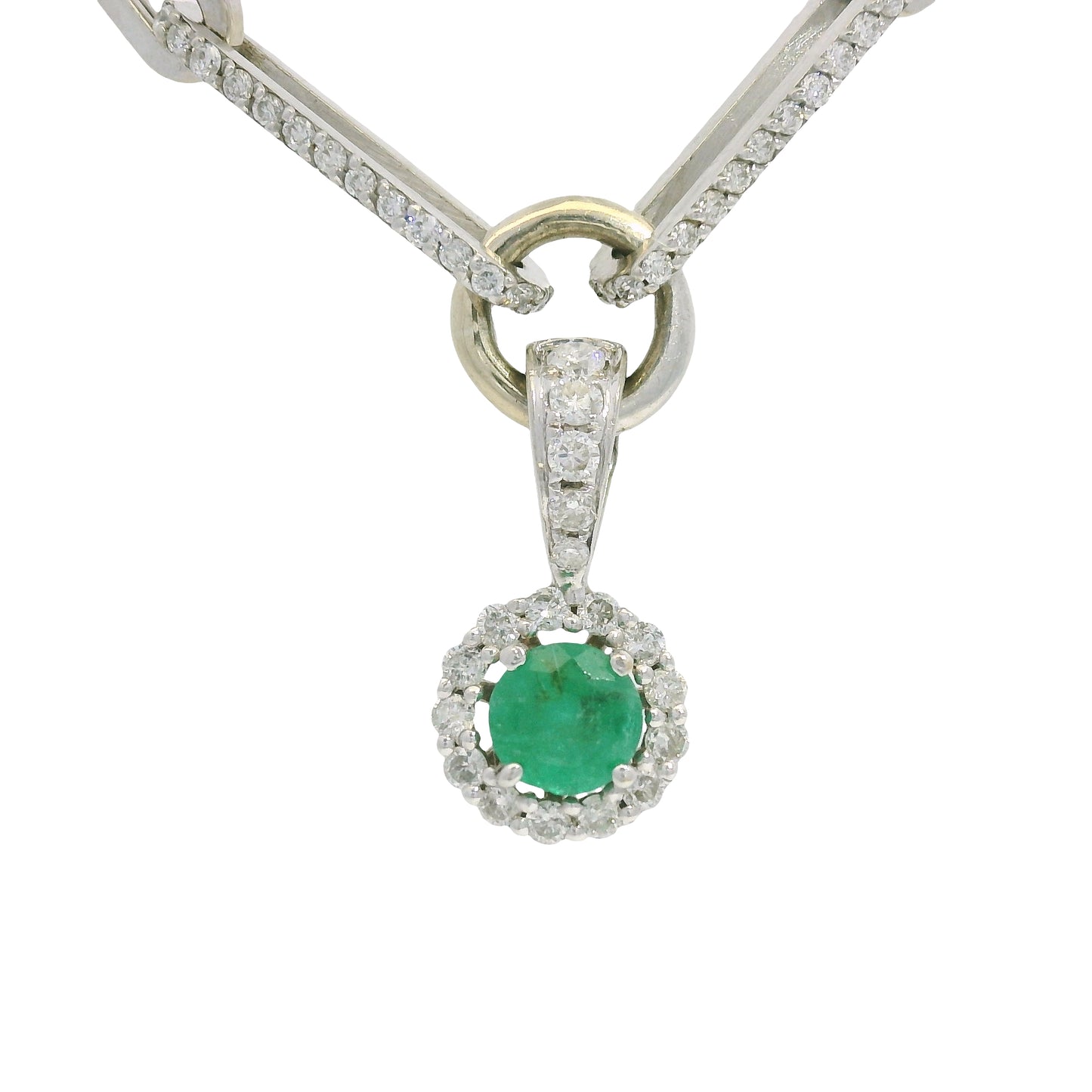 14k White Gold Natural Round Brilliant Cut Diamond & Emerald Center Halo Paperclip Pendant Necklace