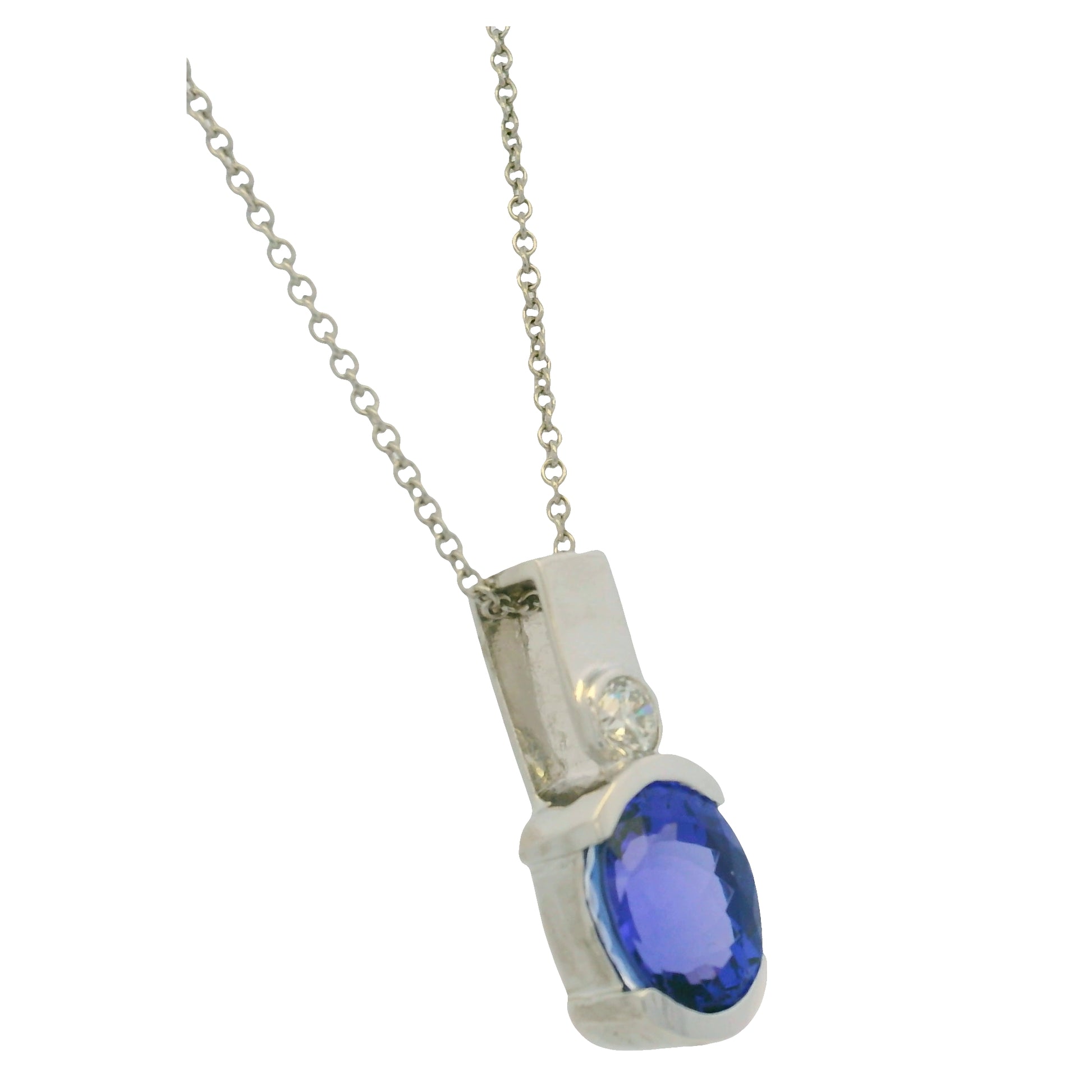 14K White Gold Natural Tanzanite & Diamonds Half Bezel Pendant 