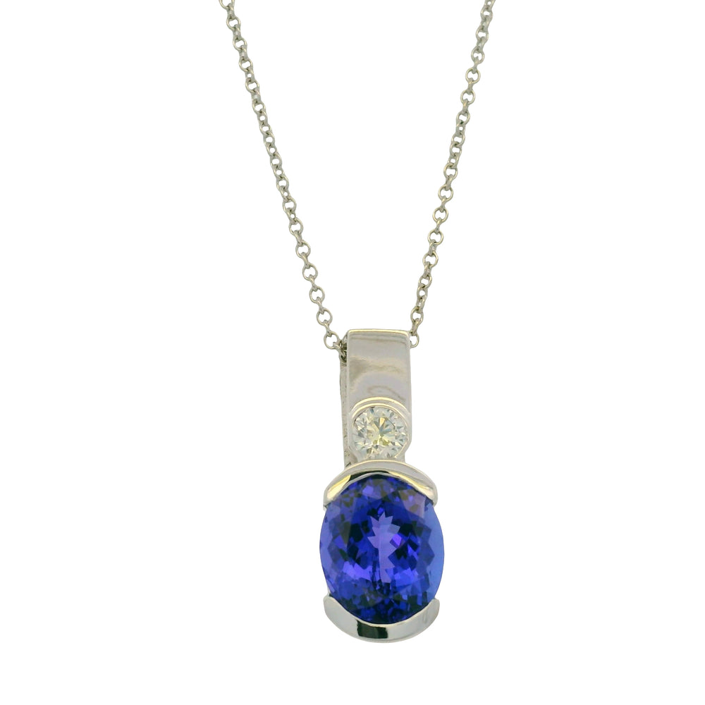 14K White Gold Natural Tanzanite & Diamonds Half Bezel Pendant 