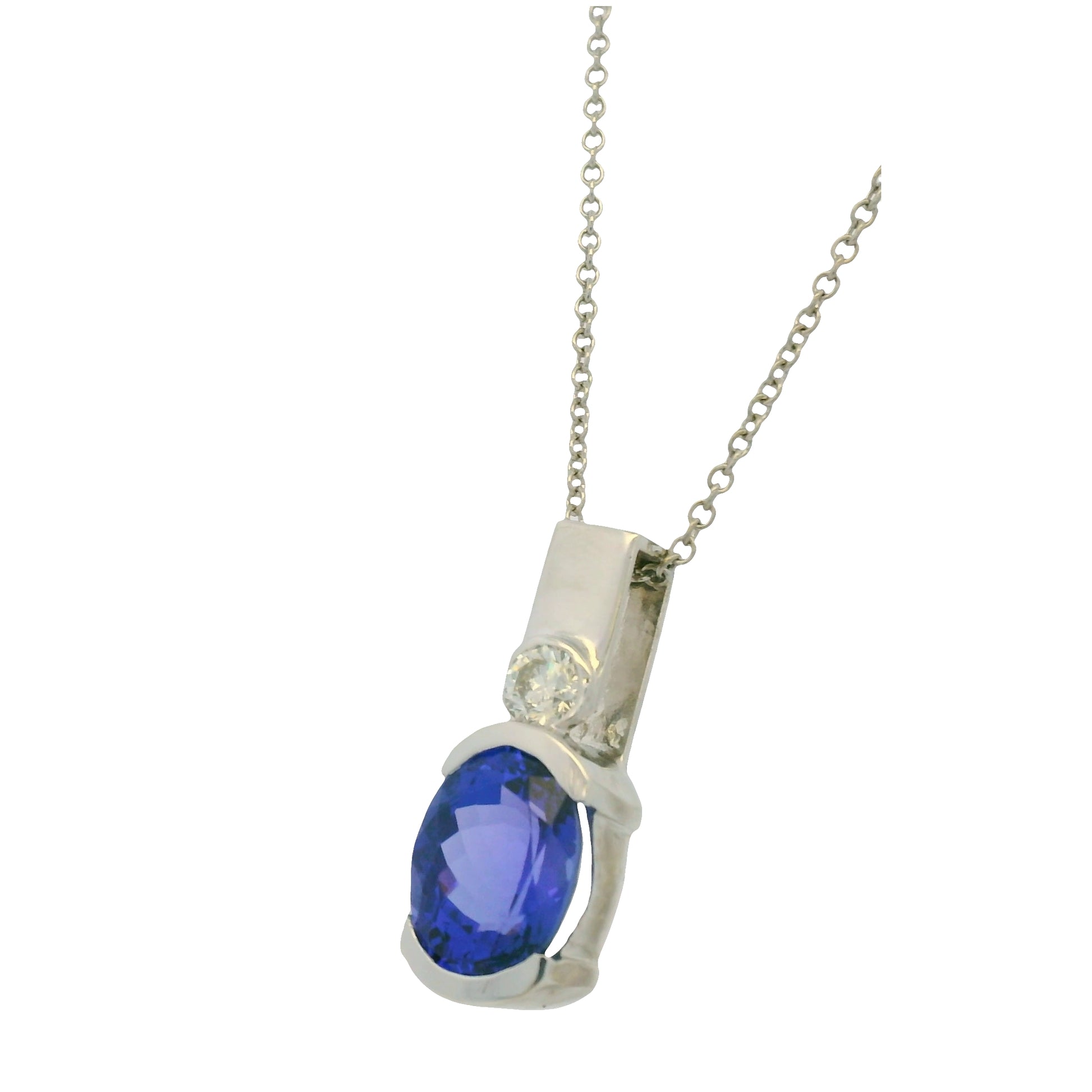 14K White Gold Natural Tanzanite & Diamonds Half Bezel Pendant 