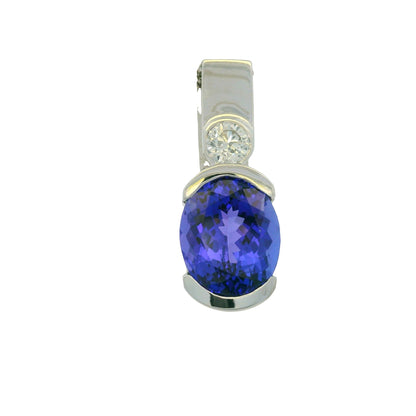 14K White Gold Natural Tanzanite & Diamonds Half Bezel Pendant 